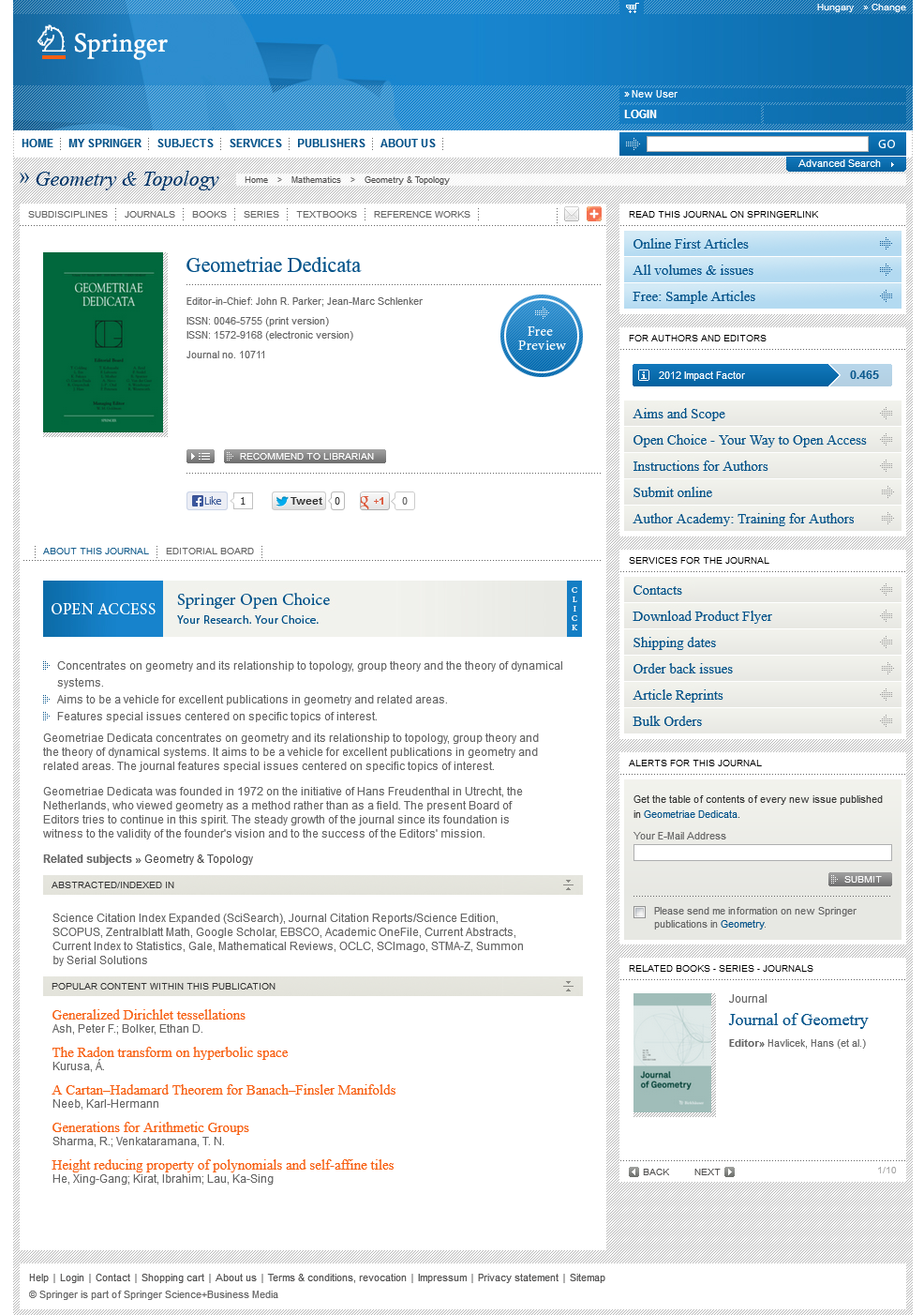 An article from Kurusa is highlighted on the front page of Geometriae Dedicata